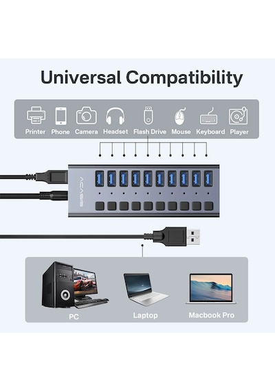 Acasis Hs710 10 Port Usb-a 10gbps Usb 3.1, On/off Port Özellikli, Alüminyum Kasa, 48w Güç Adaptörlü, Led Işıklı, Usb Çoklayıcı Hub