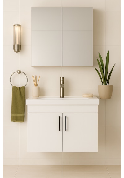 Luna 65 Cm Ahşap Camlı Üst Modül Ve Seramik Lavabolu, Mdf Banyo Dolabı Takımı Beyaz