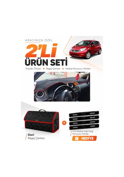 Nissan Note E12 2009-sonrası Uyumlu Torpido Örtüsü + Deri Bagaj Çantası + Sticker - Siyah Kırmızı