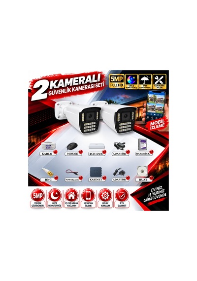 2 Kameralı Güvenlik Kamerası Seti 5mp Yapay Zeka Gece Renkli Görüş 21 Warm Led Ultra Hd 521w