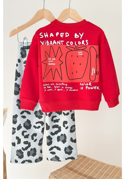 Monila Kız Çocuk Kırmızı Baskılı Pamuklu Sweatshirt Ve Gri Leopar Baskılı Eşofman Alt Üst Takım