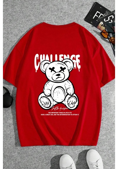 Unisex Chalenge Sırt Baskılı Tasarım Tshirt Kırmızı