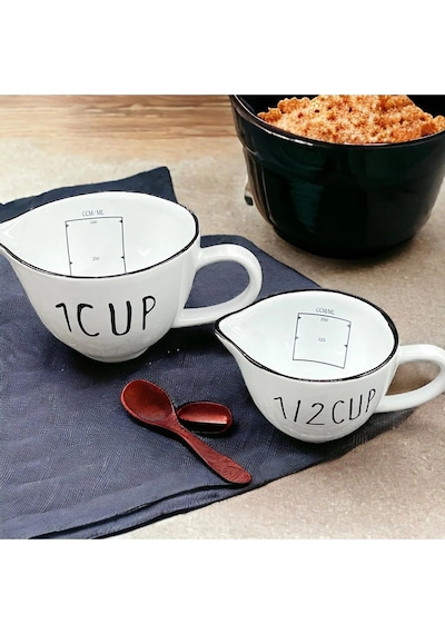 Seramik 2'li Ölçü Kabı Seti - 1 Cup 500 Ml Ve 1/2 Cup 250 Ml Kapasiteli, Beyaz