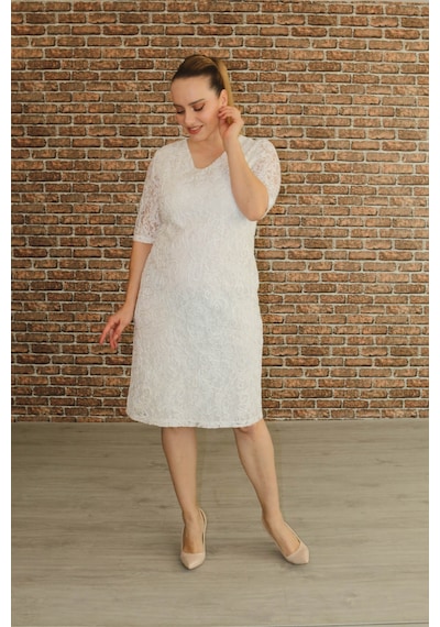 Nidya Moda Büyük Beden Kadın Ekru Dantel Elbise-4161E Ekru