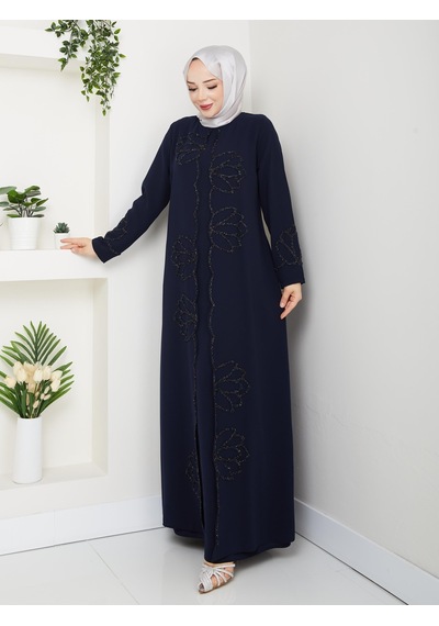 Eslemnur Lotus Çiçek Taşlı Büyük Beden Anne Elbisesi Lacivert