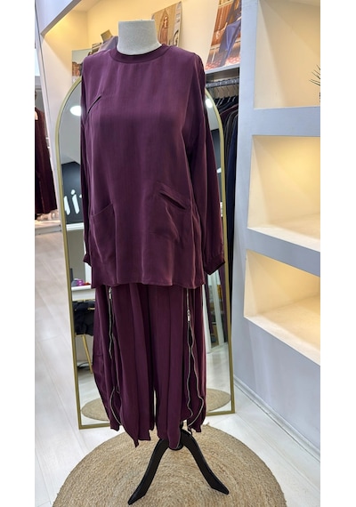 Misswhence İçi Pantolonlu Cupra İpek Tunik Şalvar Takım 39004 Bordo Bordo