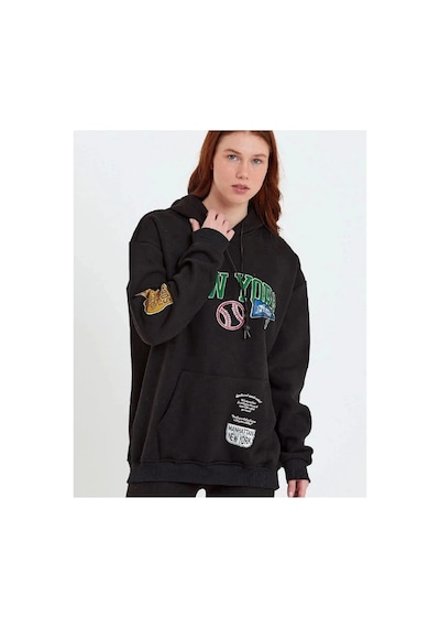 Kadın Oversize Kapüşonlu Cepli Ön Kol Baskılı 3 İplik Pamuklu Hoodie Sweatshirt - Siyah