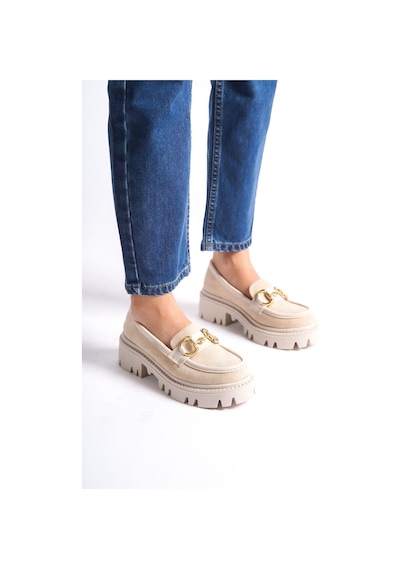 Mubiano Mb1170-bj Kalın Taban Lüx Süet Tokalı Bej Kadın Kolej Loafer Bej