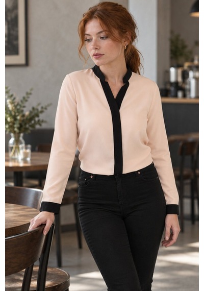Armonika Kadın Açık Bej Önü Şeritli Gömlek Arm-18k001255