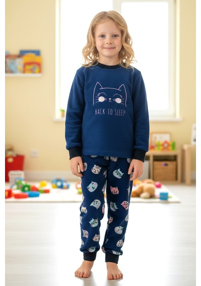 Kız Çocuk Kadife Polar Desenli Pijama Takımı 1682 Lacivert Lacivert