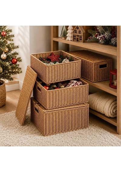Rattan 3'lü Kapaklı Sandık Seti Hasır Saklama Kutusu Büyük Orta Küçük Boy Dekoratif Organizer Sepet Diğer