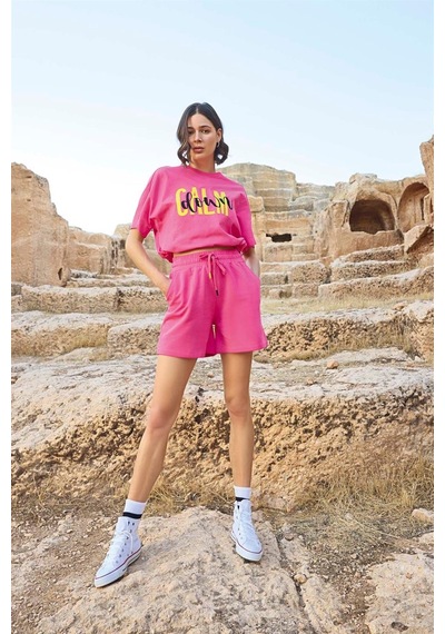 Monamise Kadın Kısa Kollu "calm Down" 3'lü Crop Şort Takımı 23088-pembe Pembe