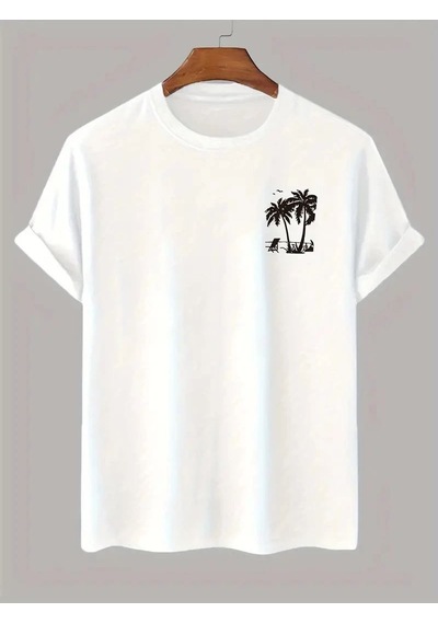 Erkek Tişört Palmiye Baskılı Bisiklet Yaka Kısa Kol T-shirt - Beyaz