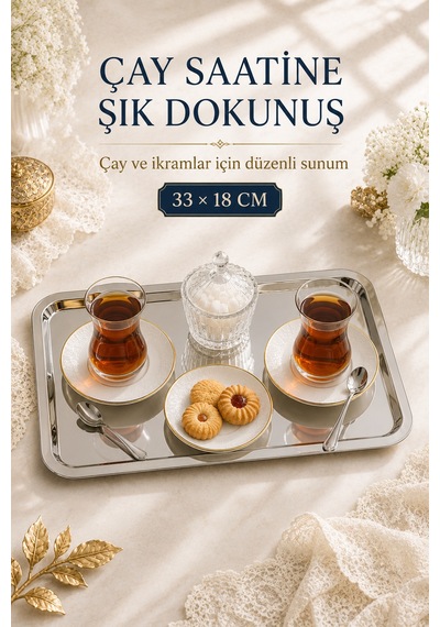 Premium Paslanmaz Çelik Sunum Tepsisi 33x18 Cm Şık Dikdörtgen Çay Kahve Servis Tepsisi Gümüş