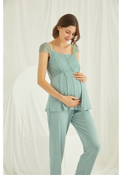 Monamise 18468 Kadın Açık Yeşil Dantelli Önü Düğmeli Hamile Lohusa 3'lü Sabahlıklı Pijama Takımı