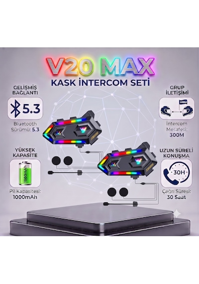 2 Adet Y20 Max Telsiz Özellikli 5.3 Motosiklet Kask Kulaklık Intercom Işıklı Motorsiklet Interkom