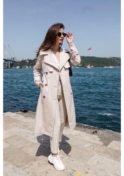 Pastelastore Esnek Pamuk Gabardin Uzun 110cm Astarsız Kadın Trençkot 1117 Taş Rengi Taş