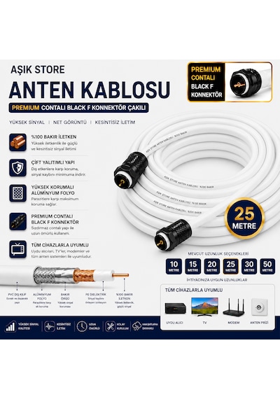 25 Metre Premium Anten Kablosu %100 Bakır İç İletken Contalı Black F Konnektör Çakılı Koaksiyel Tv Uydu Kablosu