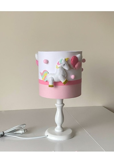 Beyaz Pembe Ponponlu Unicorn Model Abajur Pembe