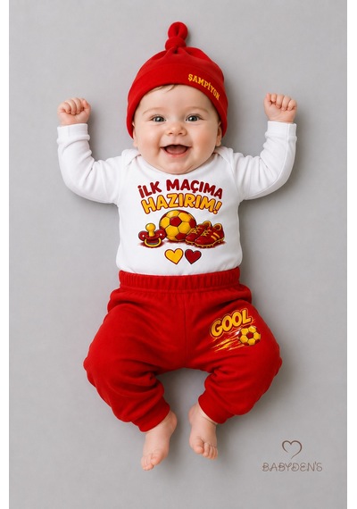 Babyden's Bebek 3'lü Takım Sarı Kırmızı Taraftar Temalı Uzun Kol %100 Pamuk Yenidoğan Seti İlk Maçıma Hazırım