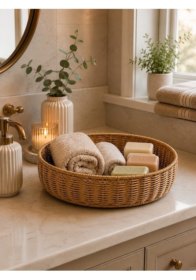 Morponi Kapaklı Oval Bambu Masaüstü Organizer - Banyo Ve Ev Düzenleyici Hasır Kutusu Cos-9217 Sarı