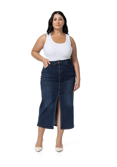 Disentis Büyük Beden Önden Yırtmaç Detaylı Beş Cepli Midi Denim Lacivert Etek-lacivert Lacivert
