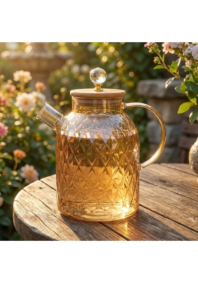Deconox Lusterli Borosilikat Cam Sürahi - Isıya Ve Ateşe Dayanıklı, Bambu Kapaklı Ve Kristal Kulplu Şık Sürahi