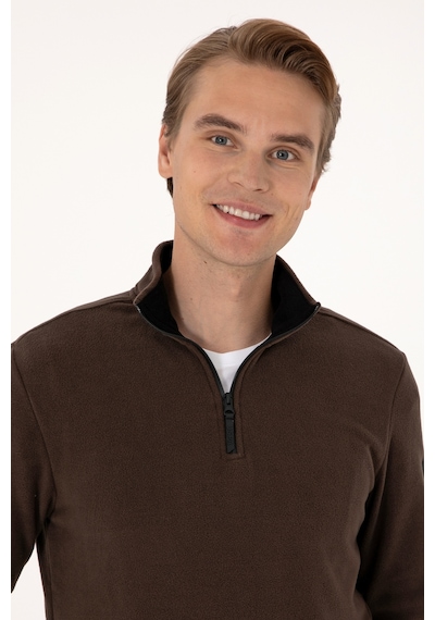 U.S. Polo Assn. Erkek Regular Fit Koyu Kahverengi Polar Yarım Fermuarlı Basic Sweatshirt 50313777-VR084