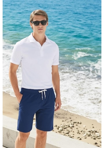 Elemge Pamuklu Erkek Indigo Casual Şort Yan Cepli Bağcıklı Regular Fit Boru Paça Günlük Bermuda 2 Iplik İndigo
