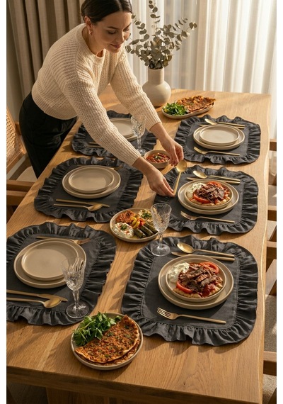 Pamuklu Fırfırlı Kare Supla 6'lı Set Amerikan Servis 33 Cm Supla Gri