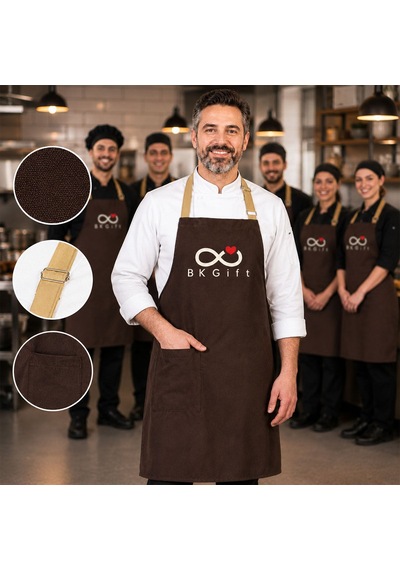Logonuza Özel 10 Adet Mutfak Önlüğü Koyu Kahverengi - Bej Ayarlanabilir Boyun Askısı - Ön Cepli
