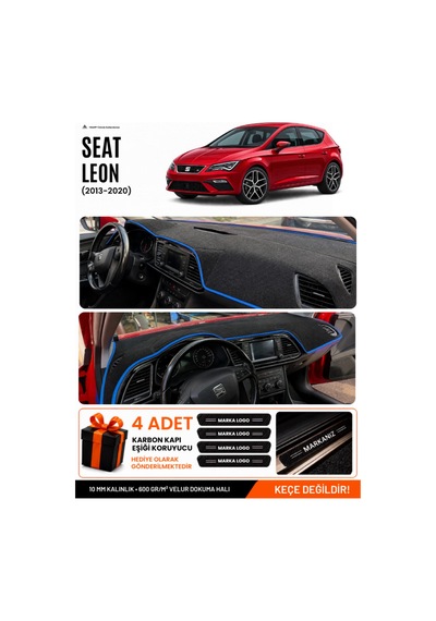 Seat Leon 2013-2020 Uyumlu Torpido Koruma, Torpido Örtüsü, Torpido Kılıfı - Siyah Mavi