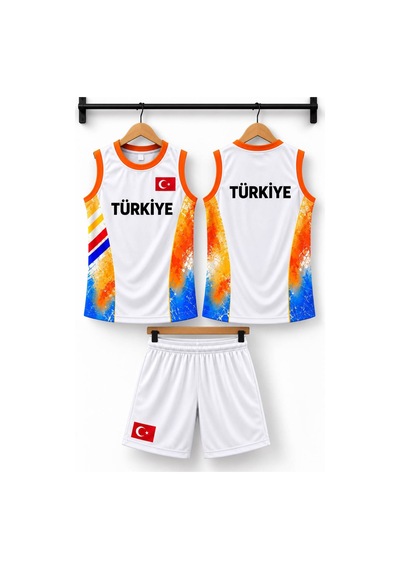 Sonvadi Çocuk Basketbol Forması Türkiye Armalı Beyaz 3 Parça Çorap Beyaz