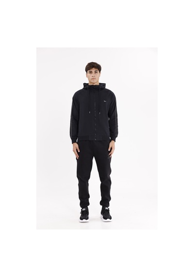 Rowinger Çift Şerit Kol Detaylı Tam Fermuarlı Cepli Rahat Kalıp Ayarlanabilir Kapüşonlu Sweatshirt Black