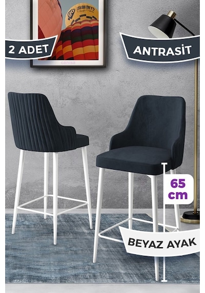 Canisa Tera Serisi 2 Antrasit Sandalye 65 Cm Ada Mutfak Bar Sandalyesi Babyface Kumaş Beyaz Metal Ayaklı Sandalyeler Antrasit Ayaklar Beyaz