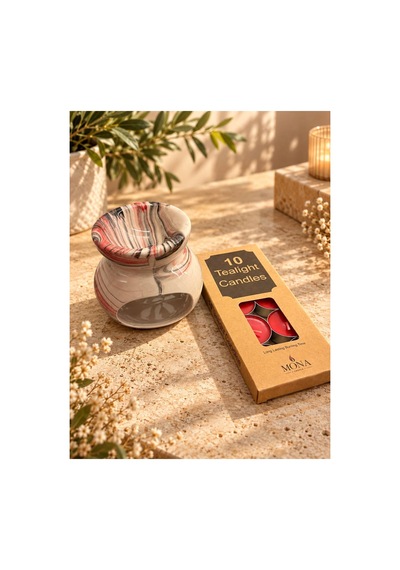 Mermer Desenli Seramik Buhurdanlık Ve 10 Lu Tealight Mum /bej/kırmızı/siyah Bej-kırmızı-siyah