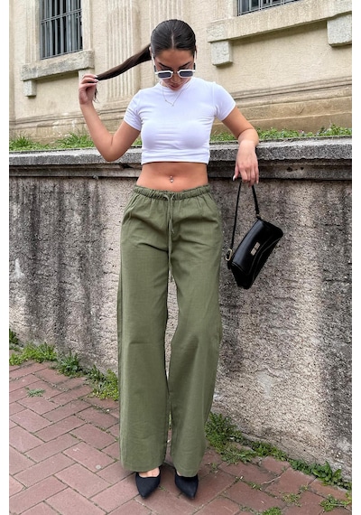 Madmext Haki Beli Büzgülü Wide Leg Kumaş Pantolon Mg1950 Haki