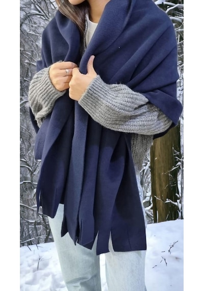 Tezzgelsin Kadın Kışlık Püsküllü Polar Şal Lacivert