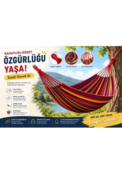 Çift Kişilik Hamak 260x150 Cm Kolay Kurulabilir Bahçe Balkon Kamp Salıncak Hamak Çantalı Çok Renkli