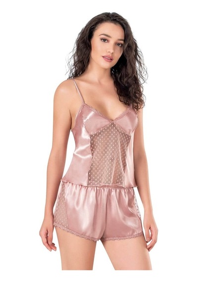 Gizers Giyim Koyu Pudra Saten Babydoll Şort Takımı