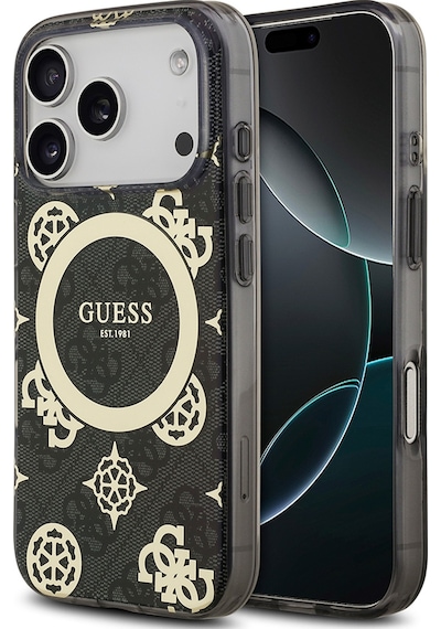 Apple Uyumlu iPhone 17 Pro Kılıf Guess Lisanslı M-safeli Iml Peony Ve 4g Desenli Klasik Logolu Kapak Siyah Siyah