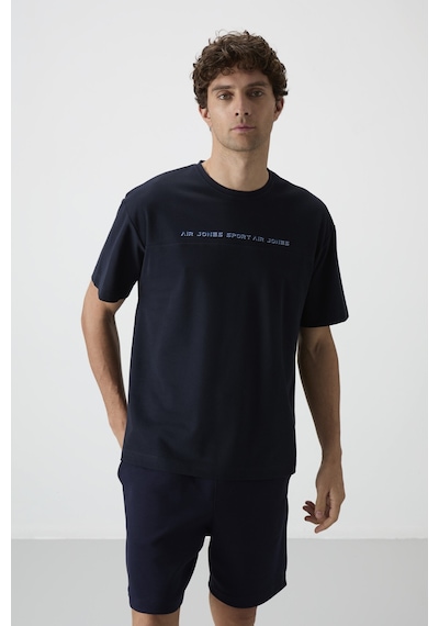 Air Jones Tommy Life Lacivert Pamuklu Kalın Yüzeyi Dokulu Oversize Fit Baskılı Erkek T-shirt - 88371 Lacivert
