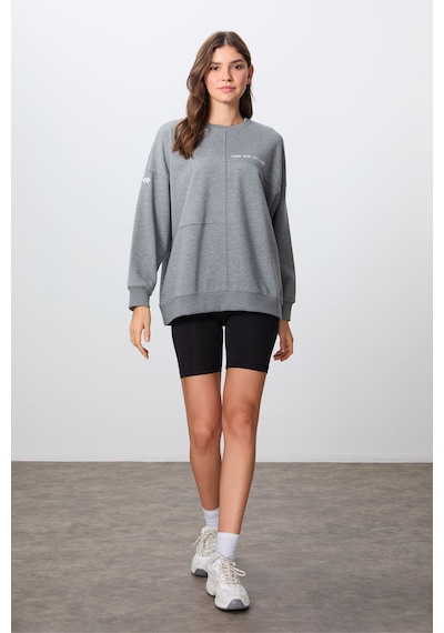 Tommy Life Gri Melanj Kompakt Pamuklu Kalın Pürüzsüz Dokulu O Yaka Oversize Fit Kadın Sweatshirt - 97288 Gri Melanj