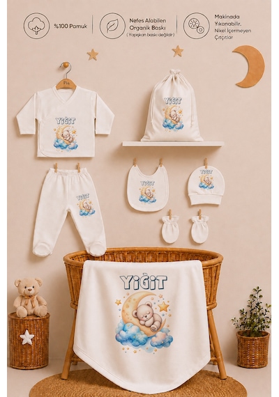 Pia Baby Kişiye Özel %100 Pamuk Erkek Bebek Hastane Çıkışı Zıbın Seti 8 Parça Kese Hediyeli 1113zybk0x Ekru