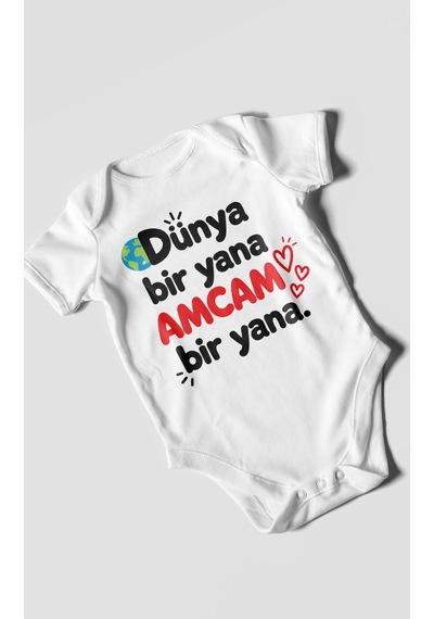 Morivokids Dünya Bir Yana, Amcam Bir Yana Kısa Kollu Bebek Body %100 Pamuk Beyaz