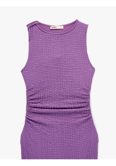 Koton Bürümcük Kumaş Drapeli Kayık Yaka Kolsuz Slim Fit Uzun Kalem Elbise Lila 6sak80010uk
