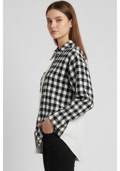 Kadın Siyah Oversize Fit Ekoseli Desenli Uzun Kollu %100 Pamuk Gömlek, Ceket, Kadın Oduncu Gömlek Siyah