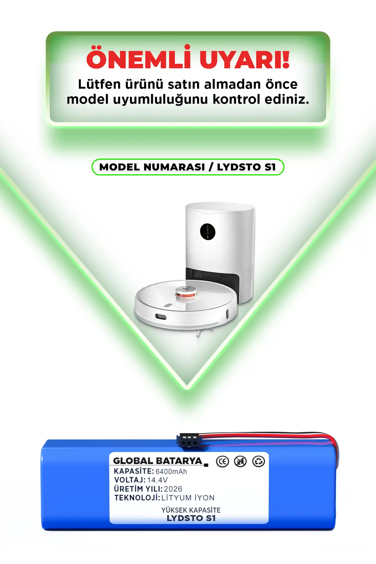 Lydsto S1 Uyumlu Akıllı Robot Süpürge Bataryası 14.4v 6400mah Li-ion Pil Yüksek Kapasite