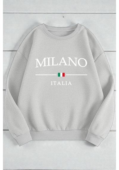 Uyguntarz Unisex Milano Italıa Tasarım Baskılı Bisiklet Yaka Sweatshirt Gri