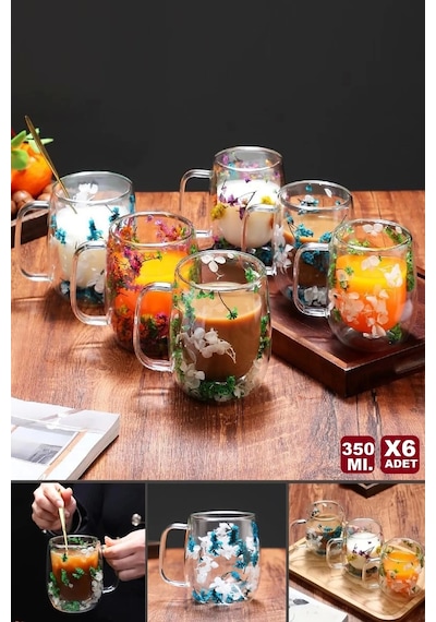 6lı Çiçekli Bardak 350 Ml Cup Çiçekli Çift Çidarlı Flower El Yapımı Borosilikat Kulplu Kahve Sunum Çok Renkli